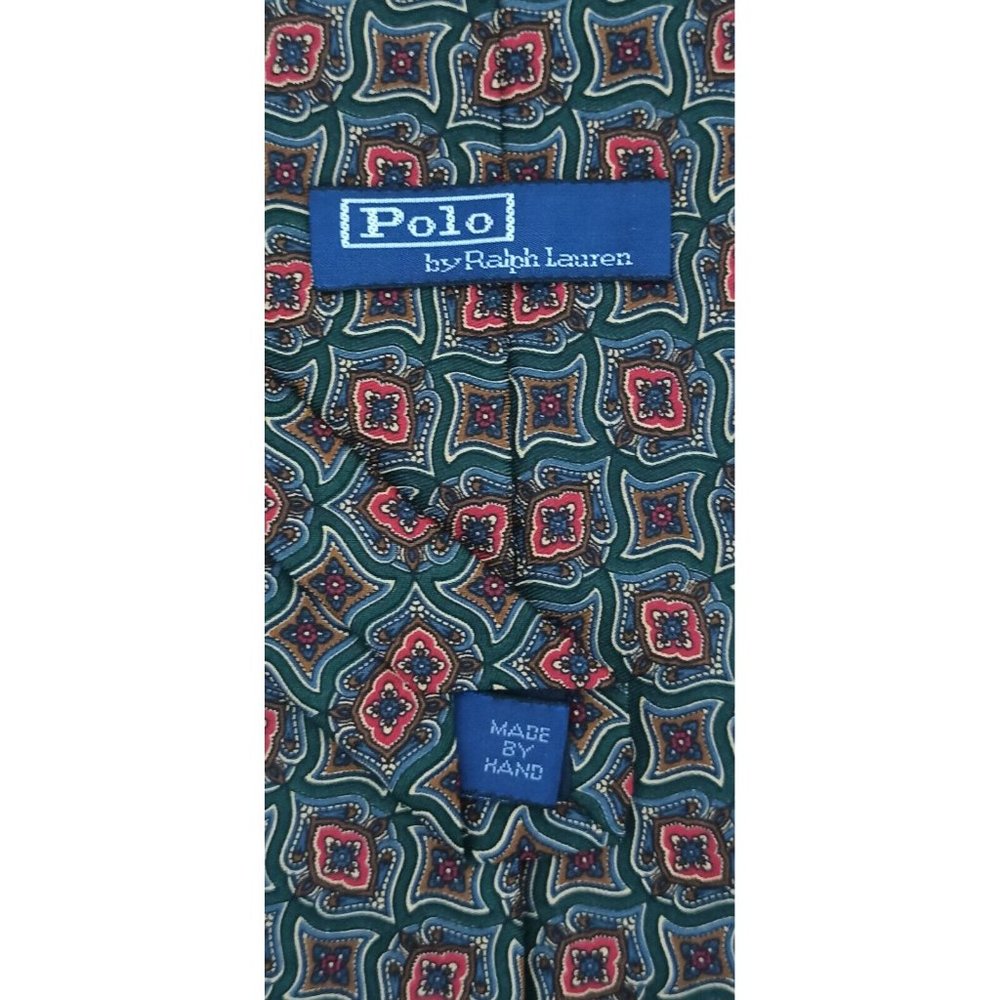 POLO BY RALPH LAUREN Green Geometric Silk Tie HANDMADE USA 57"/ 4" EC - Picture 2 of 3
